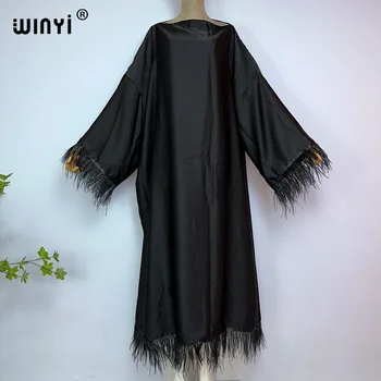 WINYI preto de Alta qualidade, confortável dressOstrich de cabelo de Mulheres Muçulmanas Hijab Vestido de moda Abaya Cobertura Completa Ramadã Vestido de kaftan