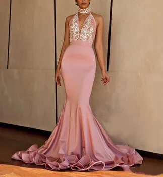 Sereia Vestidos de Baile 2023 Halter Sexy Laço cor-de-rosa de Cetim Elástico gala jurken Longo sexy sem encosto vestidos de gala Festa vestido de baile