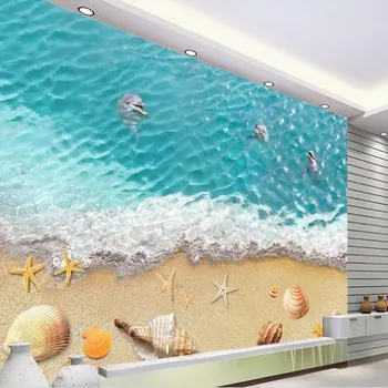 wellyu Personalizado em grande escala murais mar concha estrelas golfinhos brincando de água, TV pano não - tecido de papel de parede ambiental