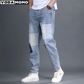 Homens de calças de Brim de Retalhos Multi-Bolso Par de Jeans, Calças Mendigo Estilo de calças cargo High Street Casuais Masculinas de Streetwear pantalon homme