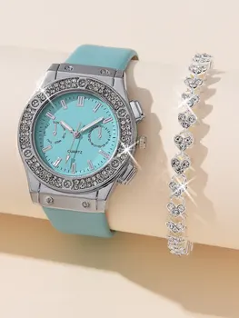 2pcs de Moda de Luxo Mulheres Watch Set Colorido PU Pulseira de Couro Senhoras Quartzo relógio de Pulso Liga Pulseira Para Senhoras Presente