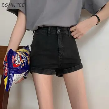 Shorts jeans de Mulheres de Cintura Alta Lazer Bolsos Magros Sólida Estilo coreano Alunos Ins Streetwear Todos-jogo Simples e Popular de Fundo