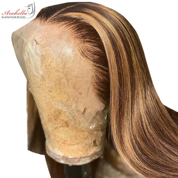 Arabella Cabelo Destaque Reta Peruca 13x4 HD Laço Transparente 100% Perucas de Cabelo Humano Pré Arrancado Nós Branqueada Lace Front Wig