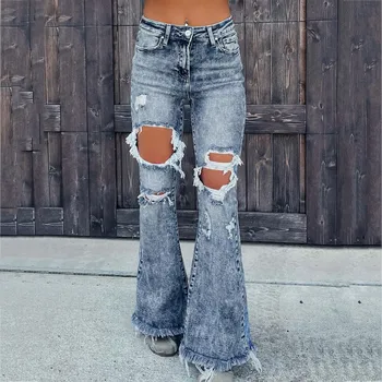 Flare Jeans De Cintura Baixa Confortável Solto Jeans Para As Mulheres, Calças De 2023 Elástico De Moda De Estilo De Namorado Buraco Calça Jeans Calças