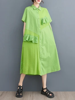 Verde Vintage Patchwork Camisa De Manga Curta De Vestidos Para Mulheres Solto E Casual Vestido Longo De Moda Elegante Roupa De Verão 2023