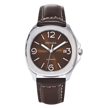 PHYLIDA 40mm Brown Dial de Sanduíche Mens Watch Personalizado relógio de Pulso Miyota Automática de Cristal de Safira Pulseira de Couro