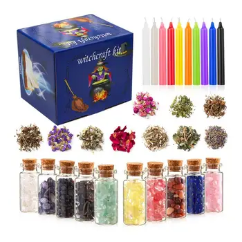 1Set Bruxaria Kit Bruxa Kit de ferramentas de Flores Secas Velas Magia das Ervas de Cristal de Pedra de Artesanato de Papel Para Feitiços Rituais de materiais para Artesanato