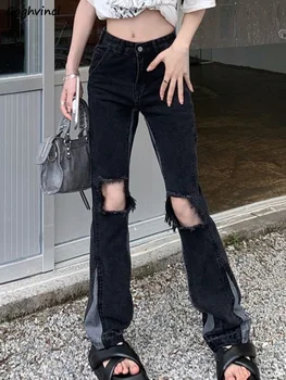 Black Jeans Rasgados Mulheres Lavado Buraco Moda Vintage Chic Casual Simples de Cintura Alta Calças Skinny Streetwear Todos-correspondência de Verão