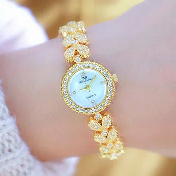 2022 BS Mulheres Relógio de aço Inoxidável Completa de Diamante Original Senhora Relógio de Pulso Pulseira de Ouro Quartzo Impermeável Pequeno Mostrador do Relógio de Mulheres