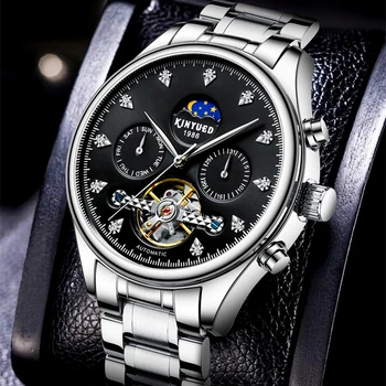 KINYUED Relógios Mecânicos Fase da Lua para Ver os Homens Automática Homens Relógios de Marca de Luxo Turbilhão de Aço Relógio Reloj