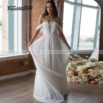Elegante Vestido de Noiva De 2023 Chiffon A-Line Noiva Desgaste Formal Barco Branco Pescoço para Fora do Ombro Plissado Apliques Plus Size