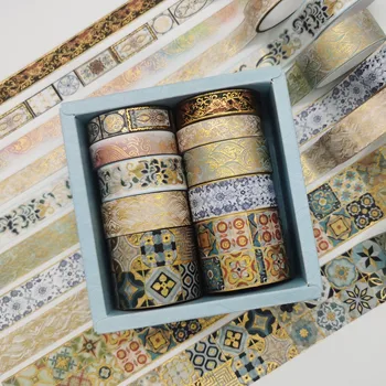 10 Rolos/Conjunto de Folha de Ouro Washi Tape 3m Kawaii Fita Adesiva Vintage Floral Decorativo Adesivo Fita Autocolante de Scrapbook Diário