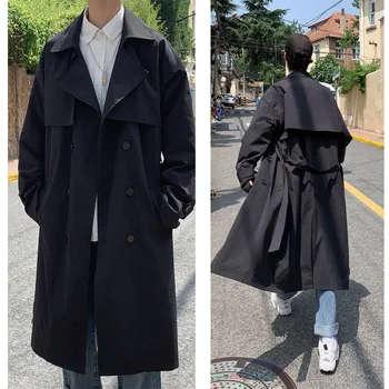 Estilo coreano Primavera Trench Coat Masculinas de Streetwear Homens Blusão de Lugar Sólido Business Casual Solta Casaco Longo