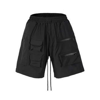 Y2K Streetwear Vibe Estilo de Nylon Folgado Cordão Shorts para os Homens Verão de Cor Sólida Casual de grandes dimensões Joelho Comprimento de Calças