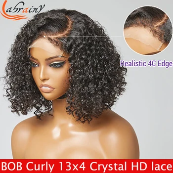 Curly Bob 4C linha fina Borda Peruca 360 Full HD Cristal de Lace Frontal de Perucas Pré Arrancado 13x4 Rendas Frente Perucas de Cabelo Humano Para as Mulheres negras
