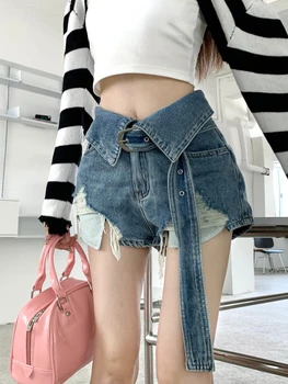 Cintura Alta Jeans Buraco Calças Curtas Feminino 2023 Verão Quente 