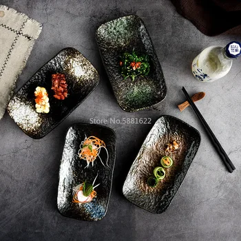 Japonês De Pedra Retangular Padrão De Chapa De Cerâmica Sushi Placa De Dim Sum Placa Retro Placa Plana Prato De Comida Japonesa De Mesa