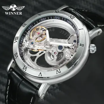 VENCEDOR dos Homens Relógio Mecânico Automático com Pulseira de Couro Esqueleto Relógios de Pulso Esculpida Caso de Relógios Para Homens de melhor Marca de Luxo Reloj
