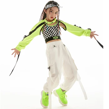 2023 Crianças de Dança Hip Hop da mascote Para Crianças Verde Crop Tops, Calças Brancas de Dança de Rua do Desgaste de Jazz de Desempenho do Estágio de Desgaste DN13855