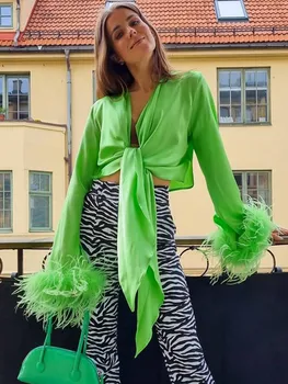 2022 Moda Pena De Guarnição De Cetim Camisas De Mulheres De Manga Longa, Decote Em V Frente Amarrar Cardigan Tops De Verão Sexy Vintage Blusa Feminina