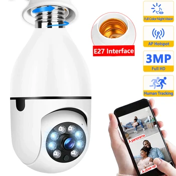 2K E27 Lâmpada Câmera de Segurança Interior 1080P de Vigilância de Vídeo Monitor de Casa Cor Completa de Visão Noturna Humanóide de Rastreamento Carecam Pro
