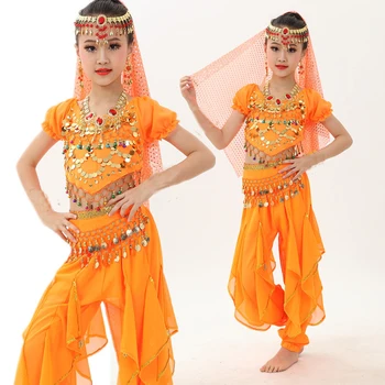 4pcs Garoto Meninas da Dança do Ventre Traje Conjunto de Crianças de Desempenho de Dança Indiana Filhos Menina Bellydance Menina Egito Trajes de Dança