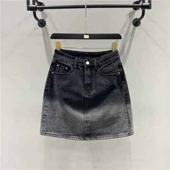 Gradiente De Preto Saia Jeans 2023 Nova Coleção Primavera / Verão Fino Envoltório Hip Saia Curta Mulheres Casual Jean Mini Saias
