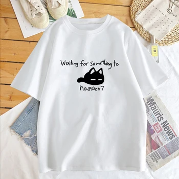 Esperando que Algo Aconteça de Impressão Kawaii Anime Gráfico Tshirt Omori Impressão de Gato Tee Amante do Gato Tops Harajuku Camiseta Unisex