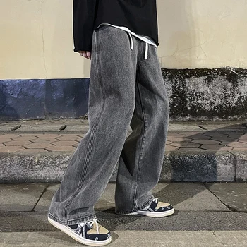 A marca de calças de Brim dos Homens Versão coreana do Aluno Casual Calças High Street Reta Solta Wide Leg Jeans Preto Cinza Azul Jeans Folgada