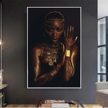 O preto e o Ouro Nude Mulher Africana, com Colar de Lona da Pintura de Cartazes e de Impressão Escandinavos Arte de Parede de Imagem para a Sala de