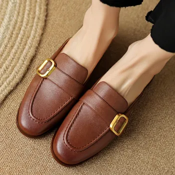Mulheres sandálias de verão 2023 couro de vaca dedo do pé quadrado slip-on flats slides casual feminino mulas sapatos de alta qualidade para as mulheres venda