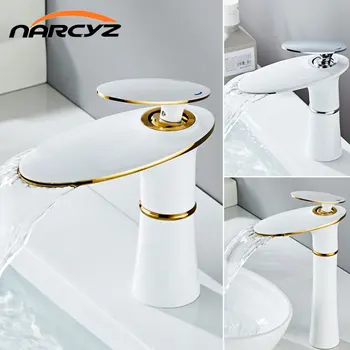 Luz de luxo Criativo Latão Branco com Ouro Cachoeira Torneira lavatório Quente e Fria, lavagem de mão de Banho Faucet da Bacia GLY-5150