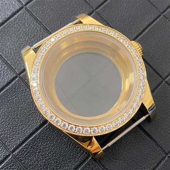 NOVA Moldura de Cristal de Ouro de Aço Inoxidável, caixa de Relógio de Safira Espelho Sólido/Transparente de Volta Caso Capa 39mm para NH35 NH36 Movimento