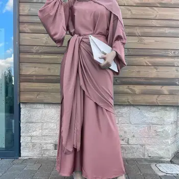 Cetim Abaya Conjuntos de Dubai a Moda Maxi Hijab Muçulmano Vestido de Mulher com Saia trespassada Africana de Vestuário Islâmico Kaftan Manto Femme Musulman