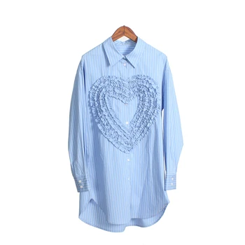 Nicho Design Sentido Início da Primavera Nova Tendência de perder Tudo Correspondência de Amor Listrado Azul Camisa de Vestido de Desgaste das Mulheres