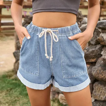 Mulheres Da Moda Rasgado Elástico De Cintura Alta Rolou Shorts Jeans Vintage Verão Casual Bolso Curto Calças De Brim De Senhoras Shorts Hotpants