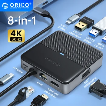 ORICO Tipo C Docking Station USB 3.0 HUB 4K60Hz compatível com HDMI RJ45 PD Adaptador para iPad, Macbook Air M1 Divisor de Acessórios para PC