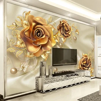 Personalizado Mural, papel de Parede 3D de Luxo Ouro Jóias Floral de Seda, papel de Parede de Sala de estar, Quarto de Estudo de Decoração de Casa de Papel De Parede de Sala 3D