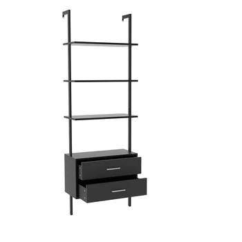 Estante de livros, Escada estante, Moderno rack de armazenamento de prateleiras Verticais de abrir espaço em prateleira com 2 gavetas, office bookshelf(preto+cinza)