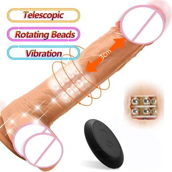 Automático Telescópico Rotativo Esferas Pênis Vibrador Feminino De Masturbação, Super-Realista, Controle Remoto Vibrador De Brinquedos Sexuais Para As Mulheres